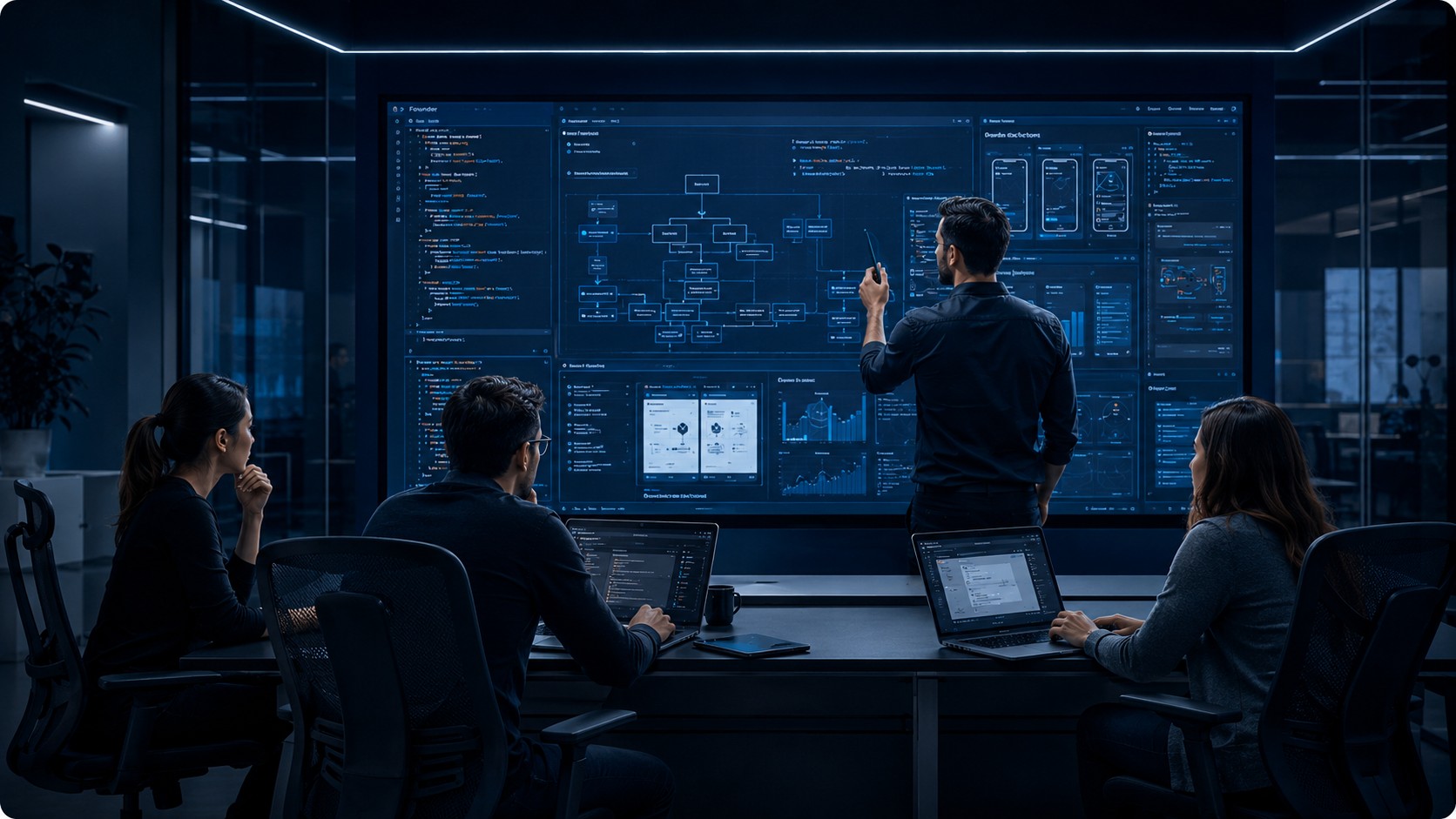 Founder Studio engineering team reviewing product architecture dashboards